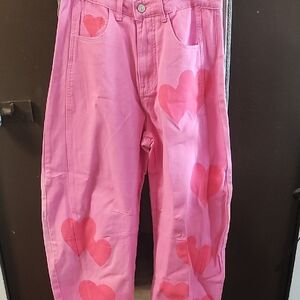 Cotton blend pink denim pants with heart print, Y2K style jeans